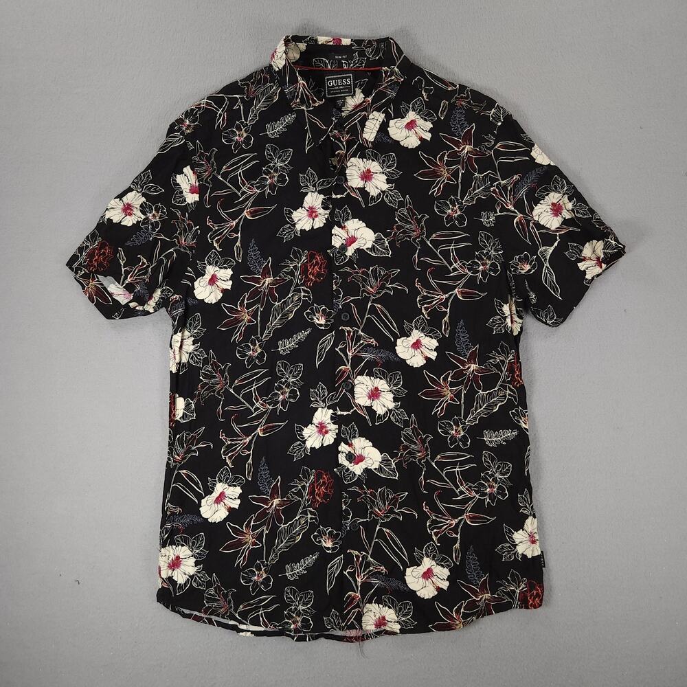 Guess Button Up Shirt Black Floral Tropical Slim Fit Mens Size M